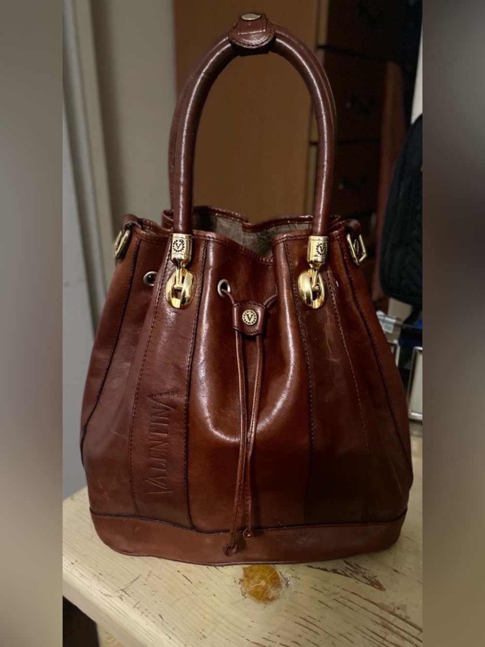 Valentina Brown Leather Drawstring Bucket Bag with Gold Hardware